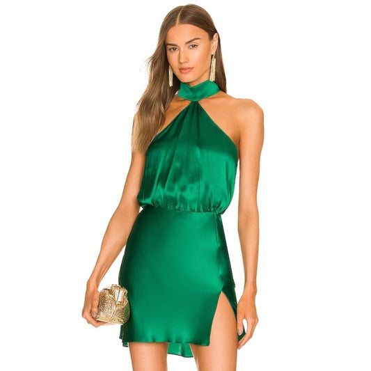 NEW Amanda Uprichard Queens Mini Dress in Dark Green Silk Satin Halter Large L