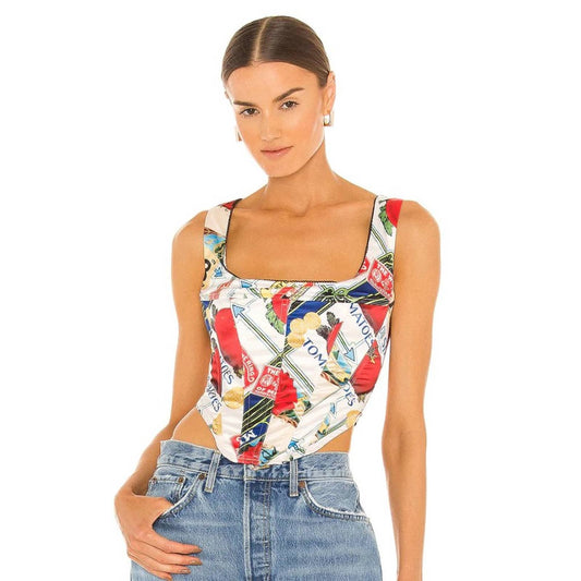 NEW Miaou Campbell Corset in Figaro White Red Print Bustier Crop Top Medium M