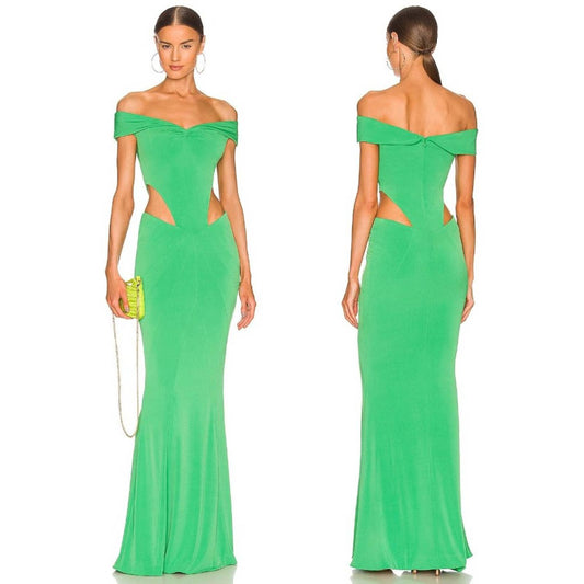 NEW retrofete x REVOLVE Giada Dress in Green Maxi Gown Cutout Off Shoulder XS