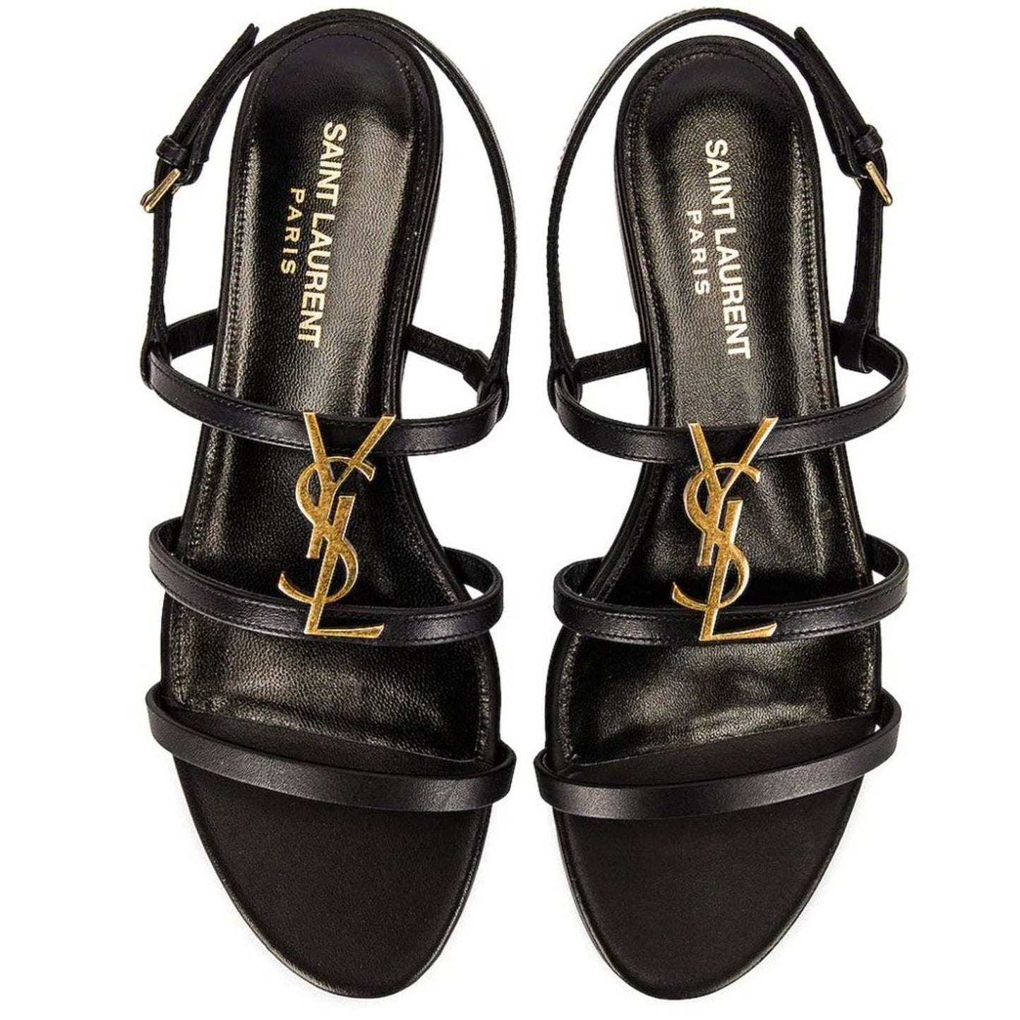 NEW Saint Laurent Cassandra Leather Flat Sandals Nero Black Gold YSL Logo 37 / 7