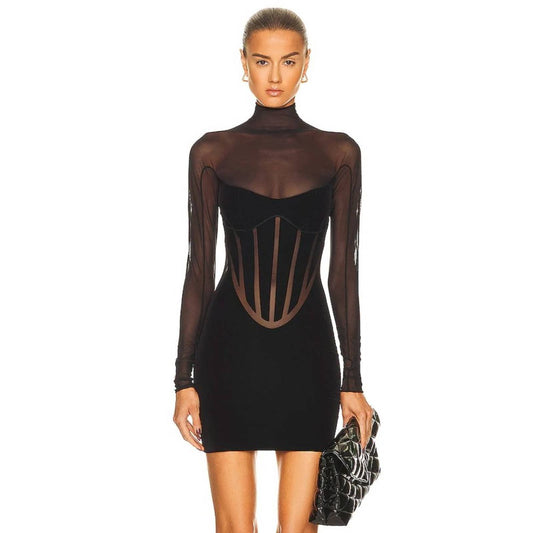 NEW Wolford x Mugler Flock Shaping Mini Dress in Black Sheer Long Sleeve Medium