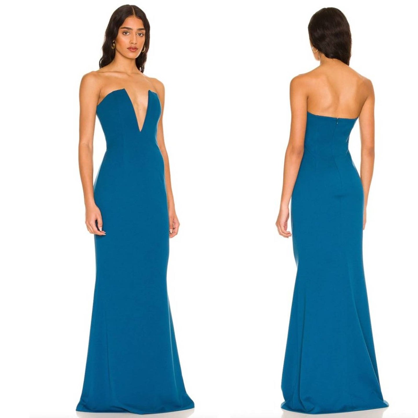 NEW Katie May Crush Gown in Dark Teal Blue V Neck Strapless Maxi Dress Large L