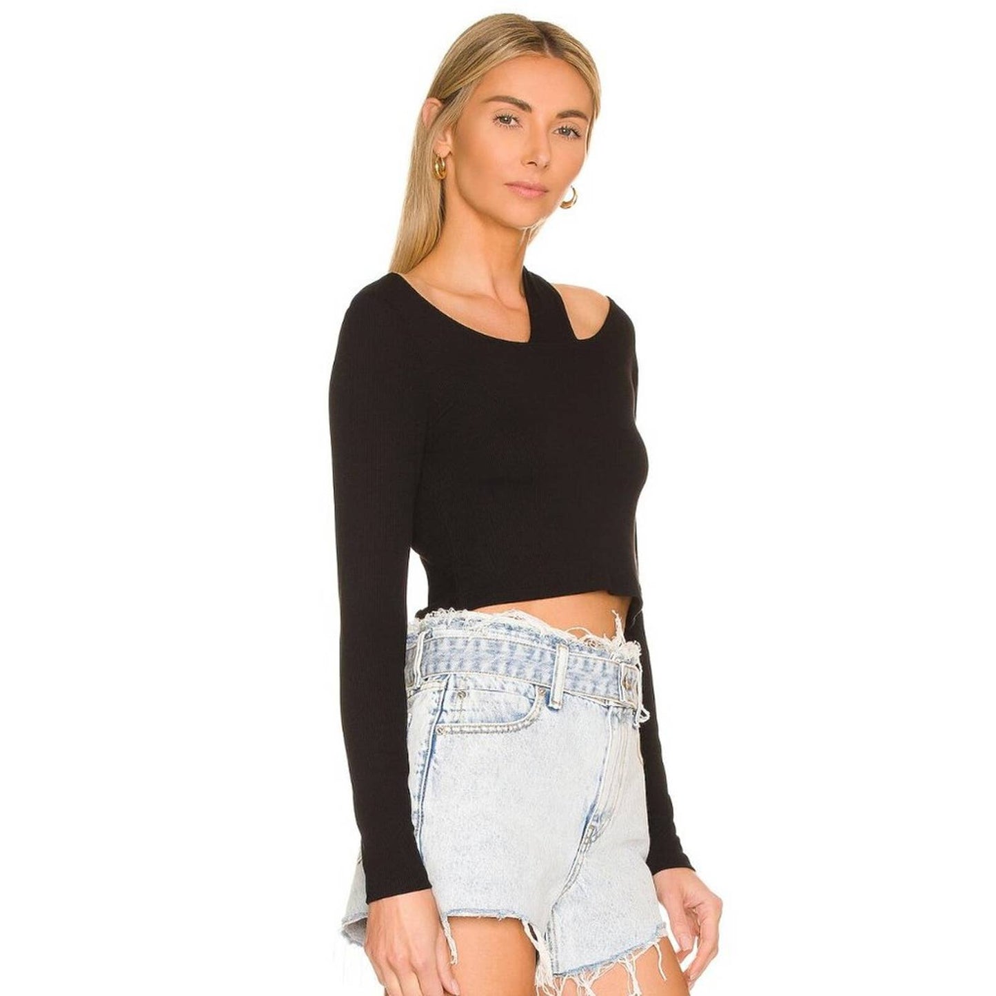 NEW LNA Yisroel Long Sleeve Crop Top in Black Jersey Cutout Large L