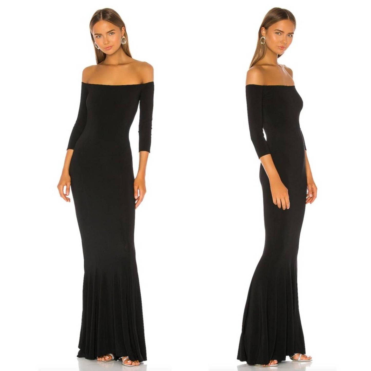 NEW Norma Kamali Off the Shoulder Fishtail Gown Black Long 3/4 Sleeve Maxi Dress