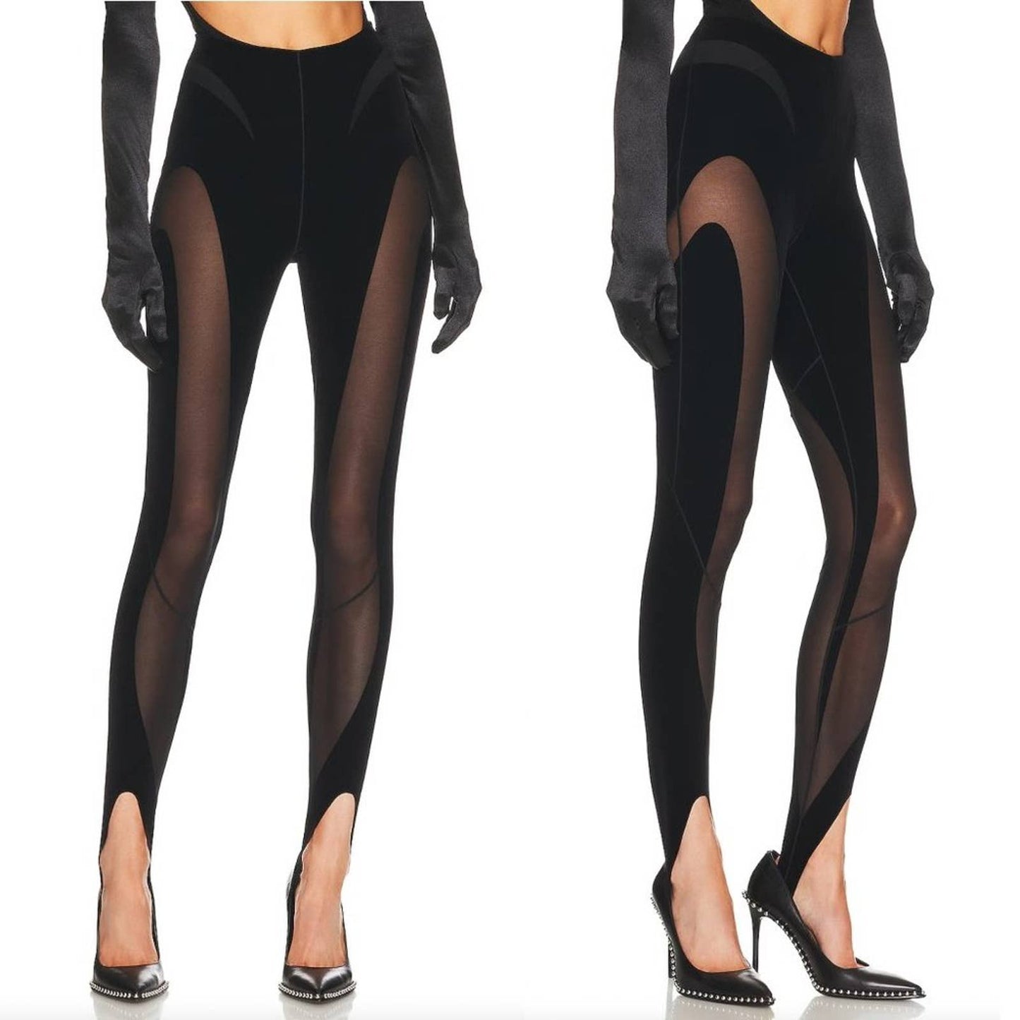 NEW Wolford x Mugler Flock Shaping Leggings in Black Velvet Mesh Stirrup