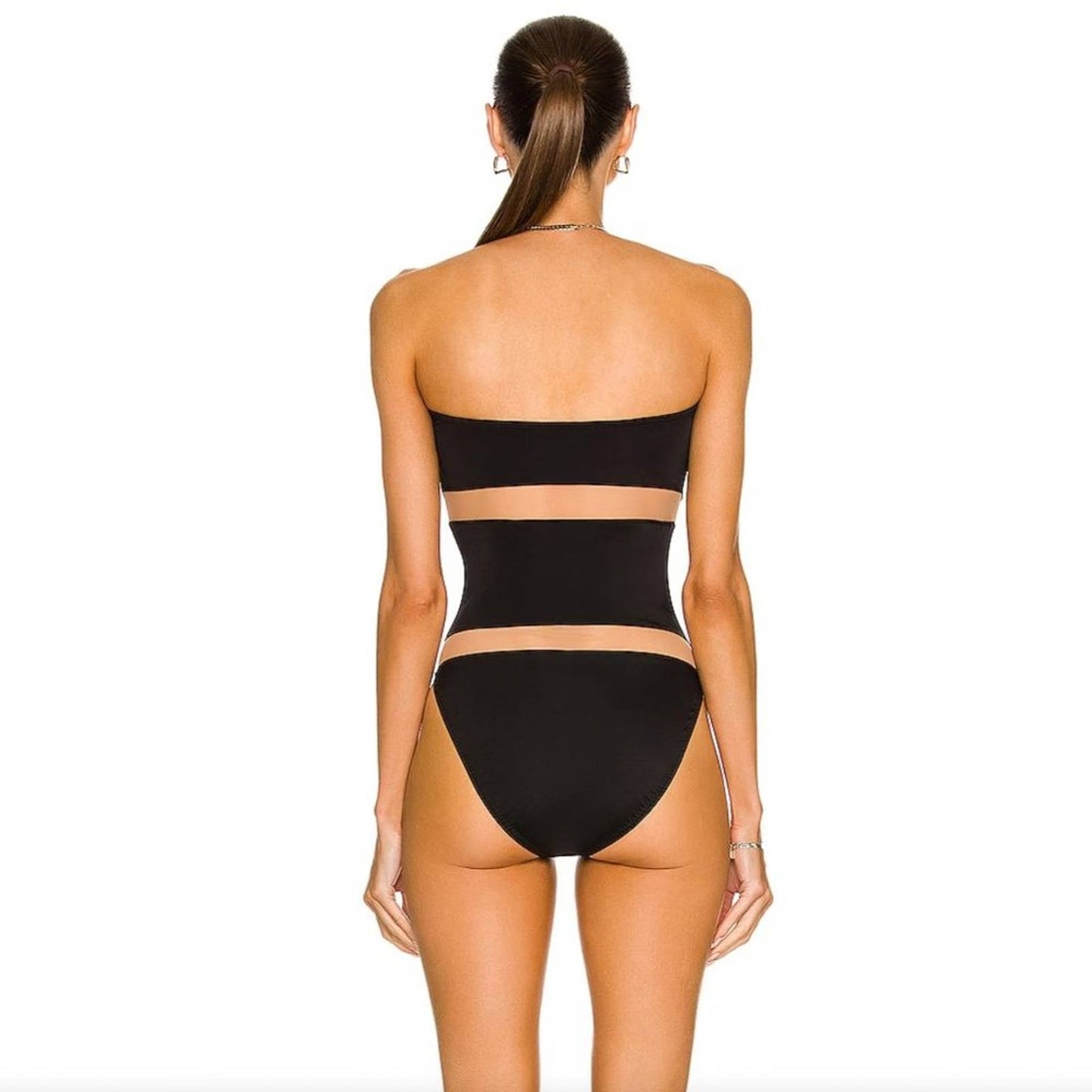 NEW Norma Kamali Bishop Nude Insert One Piece Swimsuit in Black Nude Mesh Large