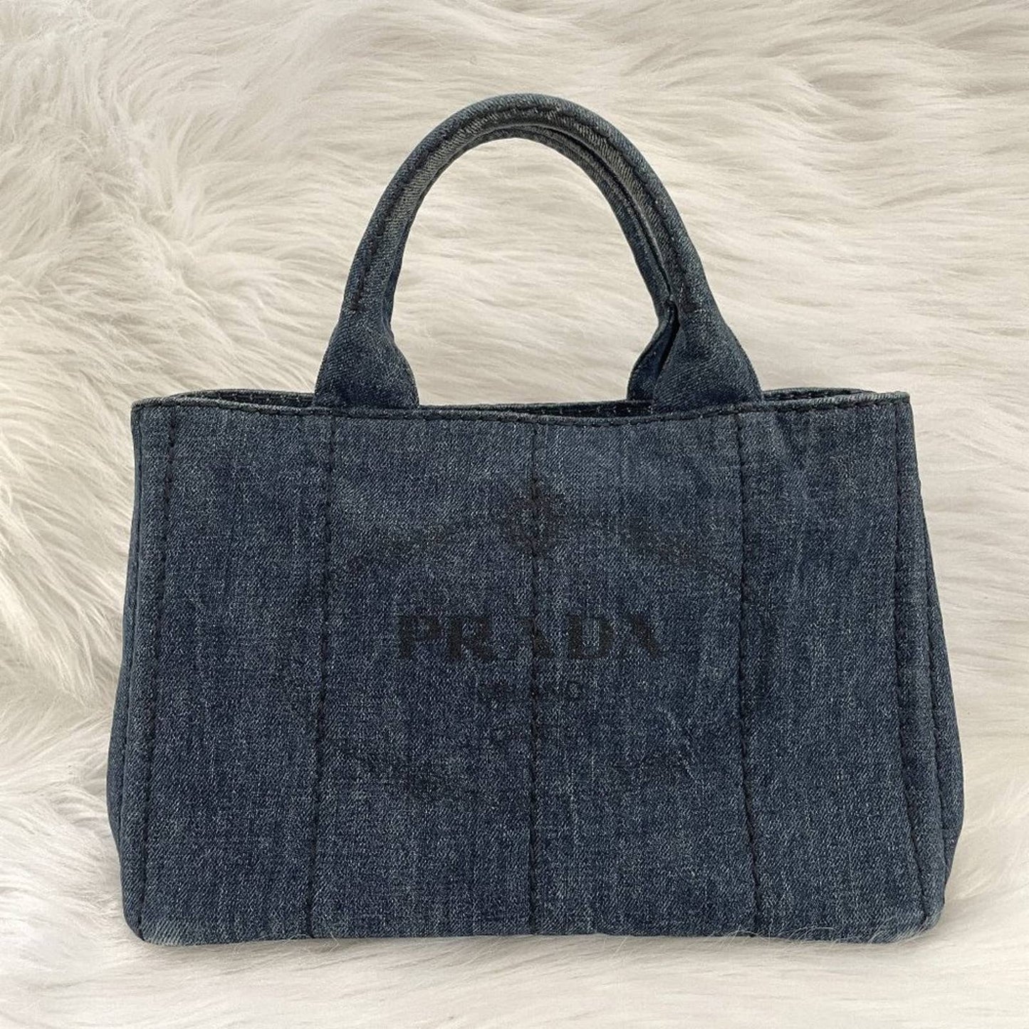 PRADA Canapa Mini Logo Tote Bag in Dark Wash Blue Denim Vintage Top Handle