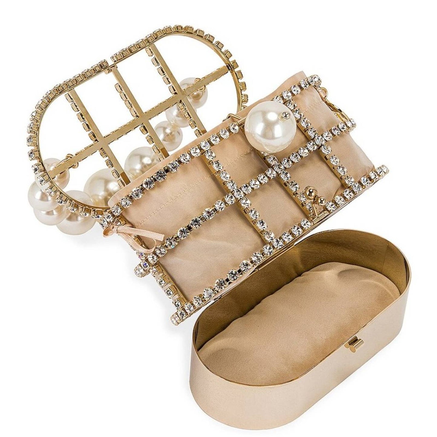 NEW Rosantica Holli Hide And Seek Bag in Gold With Crystals & Pearls Beige Tan