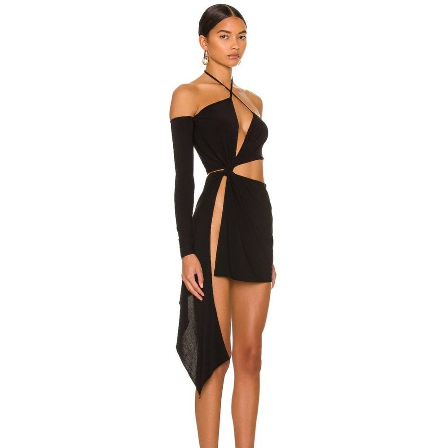 NEW MONOT Cut Out Mini Dress in Black Sexy Cutout Asymmetrical 2 / XS