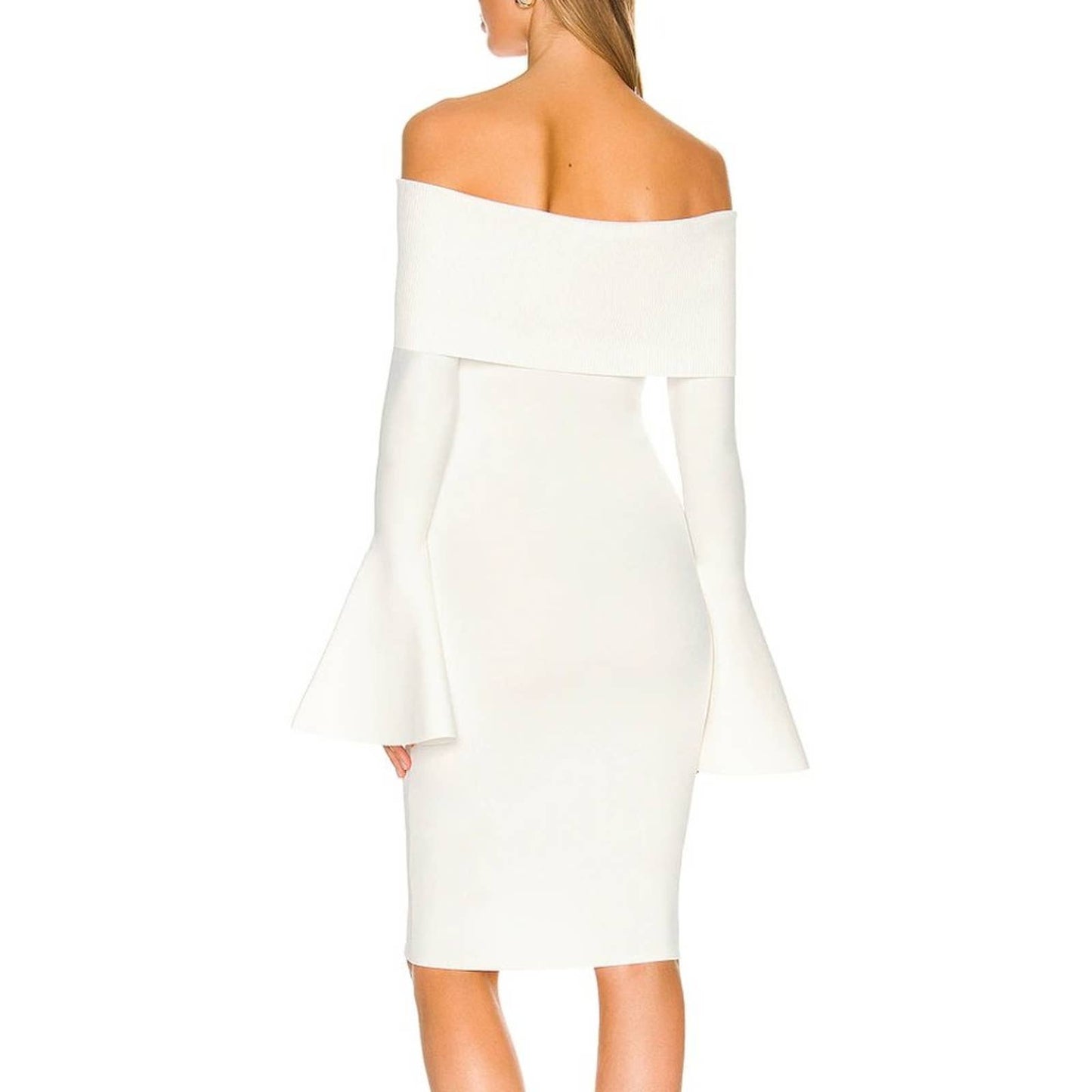 SOLACE London Mori Midi Dress in Cream White Medium M Classy Long Bell Sleeve