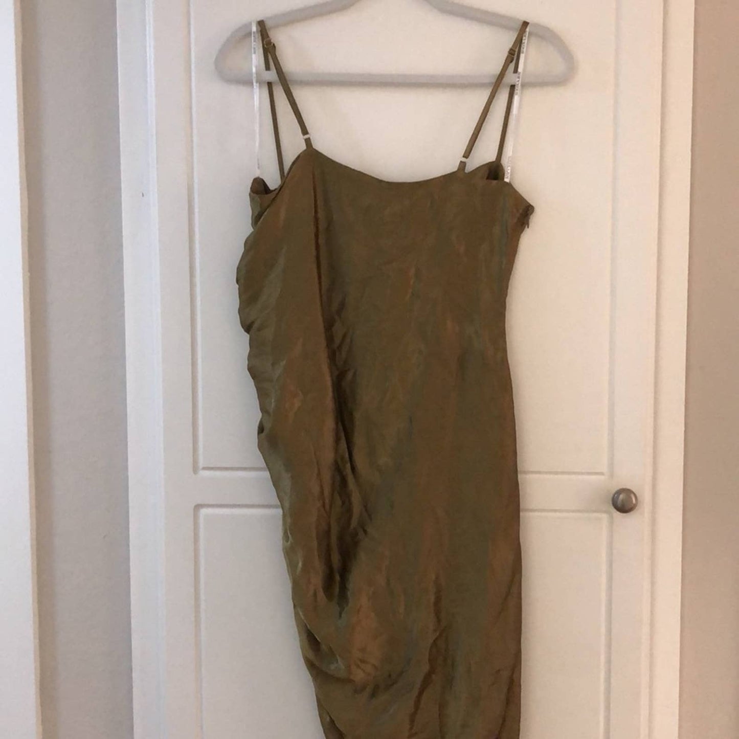 NEW Shona Joy Thalia Bias Ruched Midi Dress Cumin Olive Green Tan 8 Medium Large