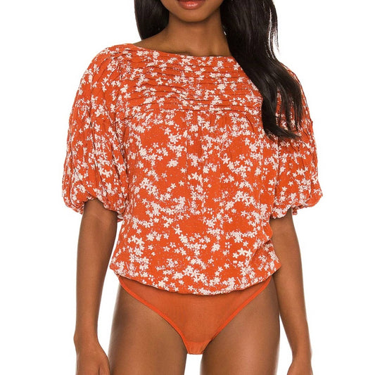 NEW Free People Dessa Bodysuit Top in Rust Combo Orange White Floral Small S