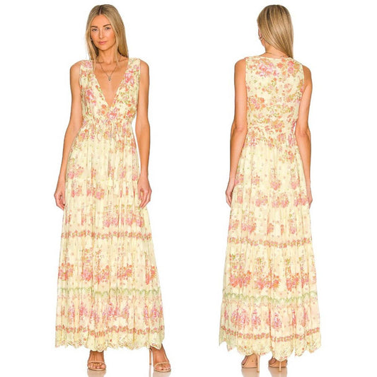 NEW HEMANT AND NANDITA Long Dress in Butter Yellow Floral Summer Maxi Medium M