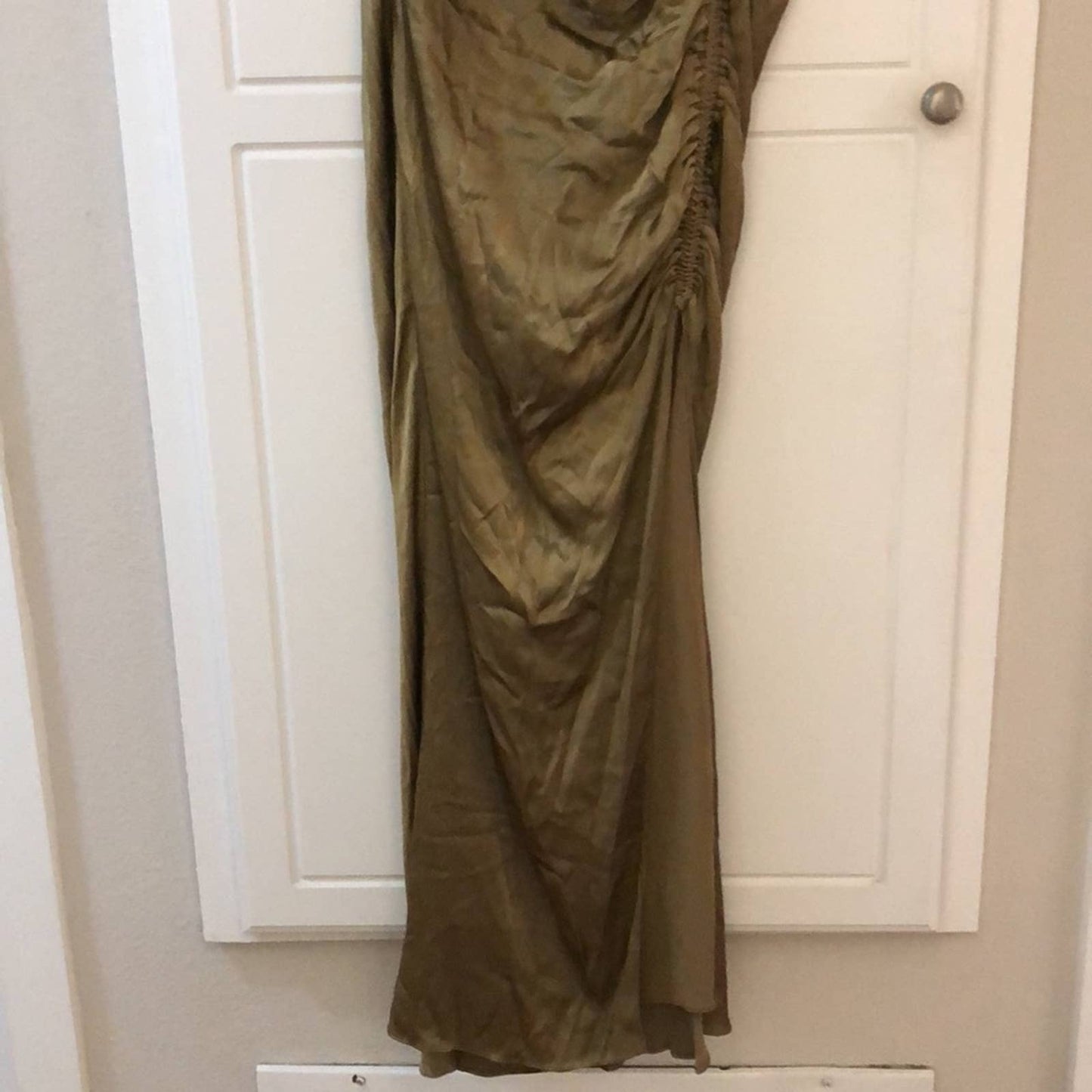 NEW Shona Joy Thalia Bias Ruched Midi Dress Cumin Olive Green Tan 8 Medium Large