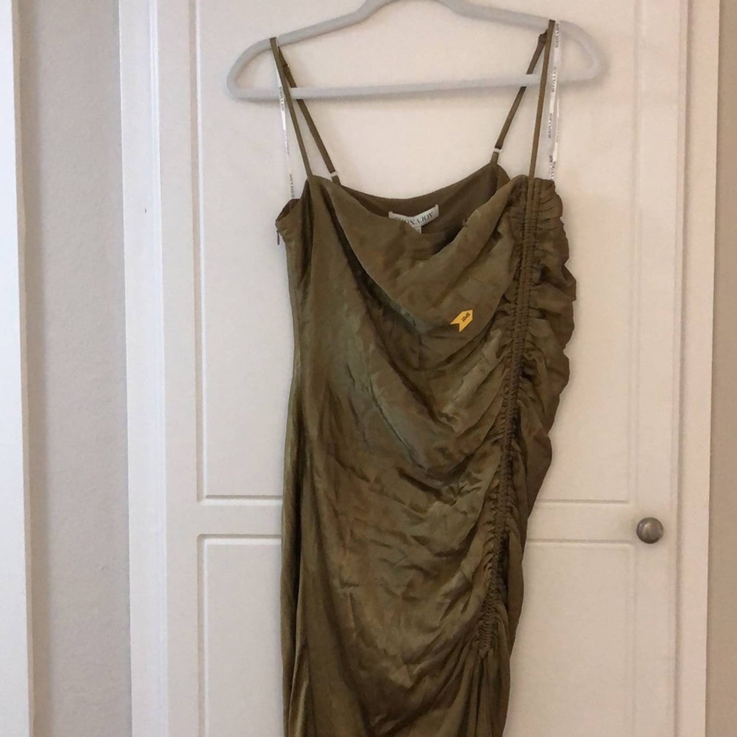 NEW Shona Joy Thalia Bias Ruched Midi Dress Cumin Olive Green Tan 8 Medium Large