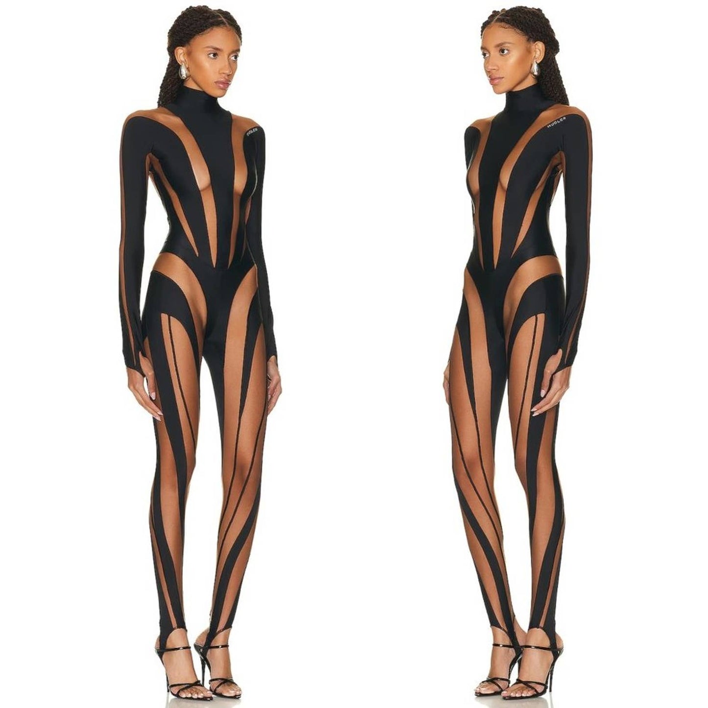 NEW Mugler High Neck Catsuit in Black & Nude 02 Long Sleeve Bodysuit Jumpsuit 38